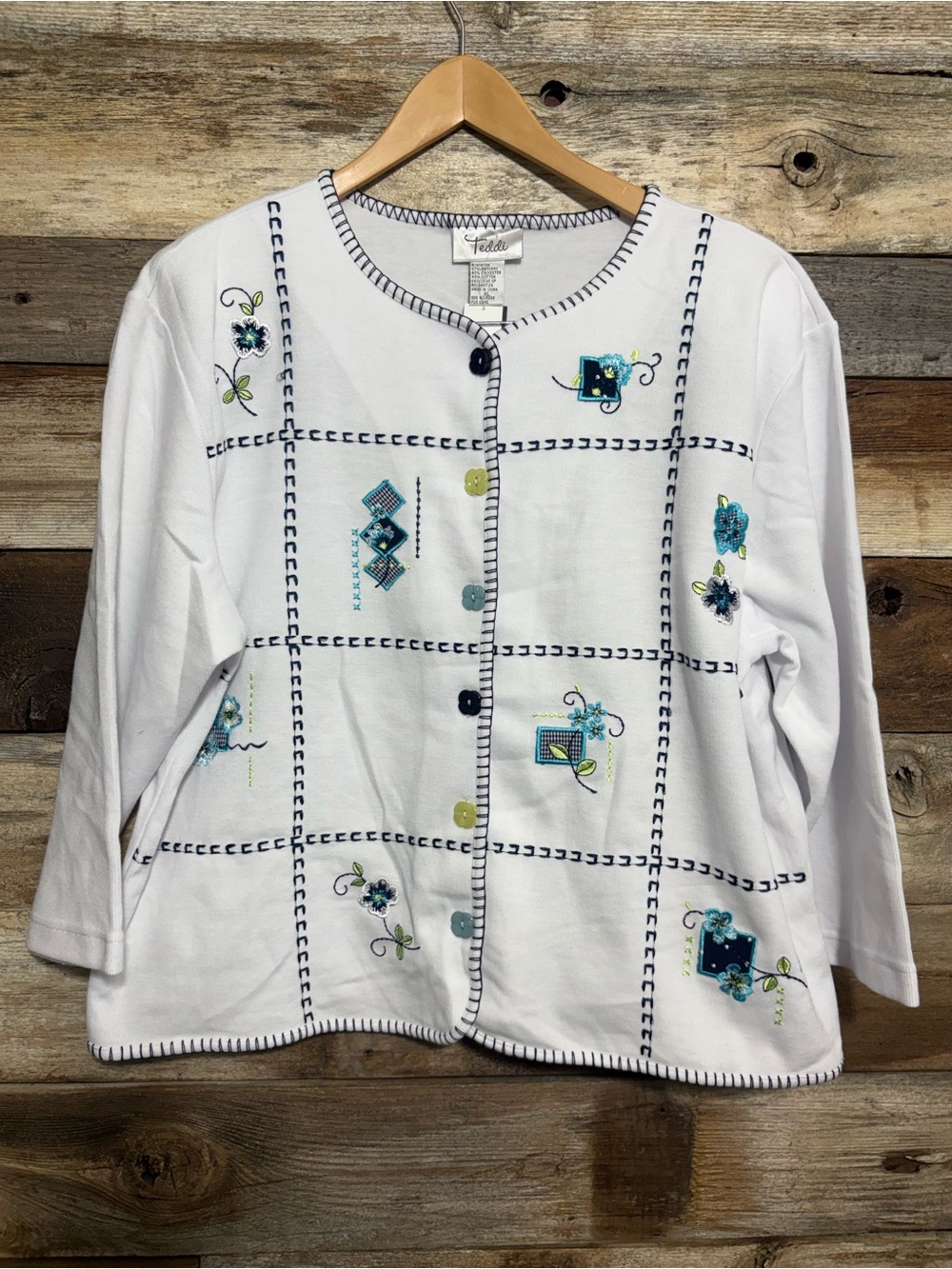 Teddi White Cardigan with Blue and Green Embroidery